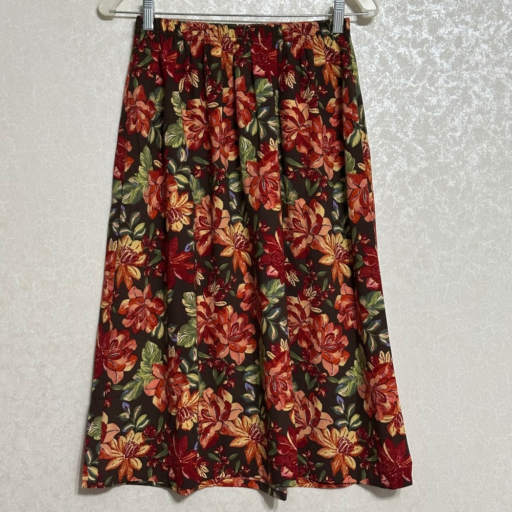 Blair Vintage Midi‎ Skirt Floral Pockets Brown Red Elastic Waist Cottagecore PS